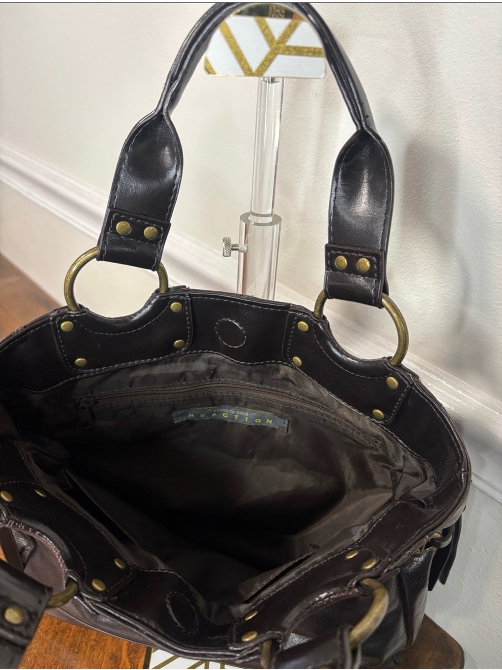 KENNETH COLE Classic Chocolate Brown Leather Satchel with Brass Hardware (EUC) - Picture 11 of 12